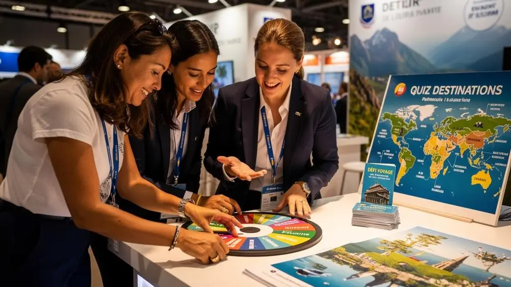 Visitors actively participating in an interactive gamification activity at a tourism trade show booth