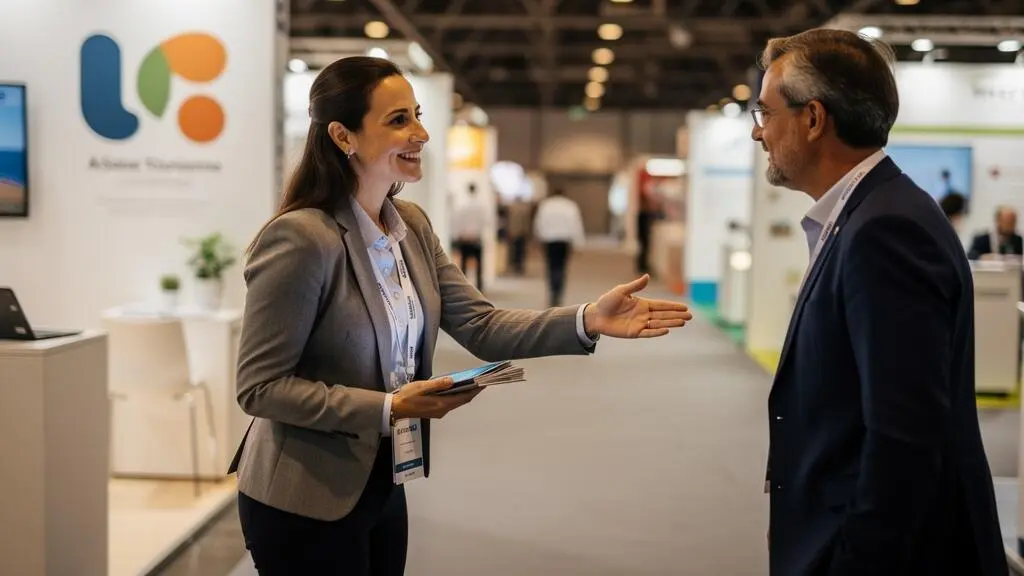 Professional booth team member proactively approaching a visitor in the trade show aisle