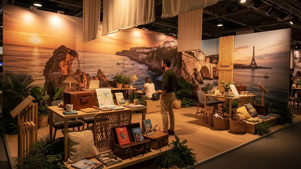 Immersive scenography design at a tourism trade show booth with thematic visual storytelling elements
